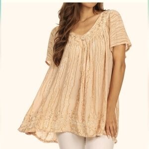 Sakkas Elaine Embroidered Batik Scoop Neck Flutter Sleeve Blouse, OS